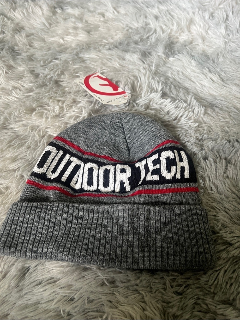 Gray Knit Beanie with Red Accent